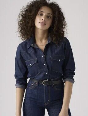 Levi's Western Denim Shirt Pearl Snap Cotton Dark Wash Blue Women's Sz Small